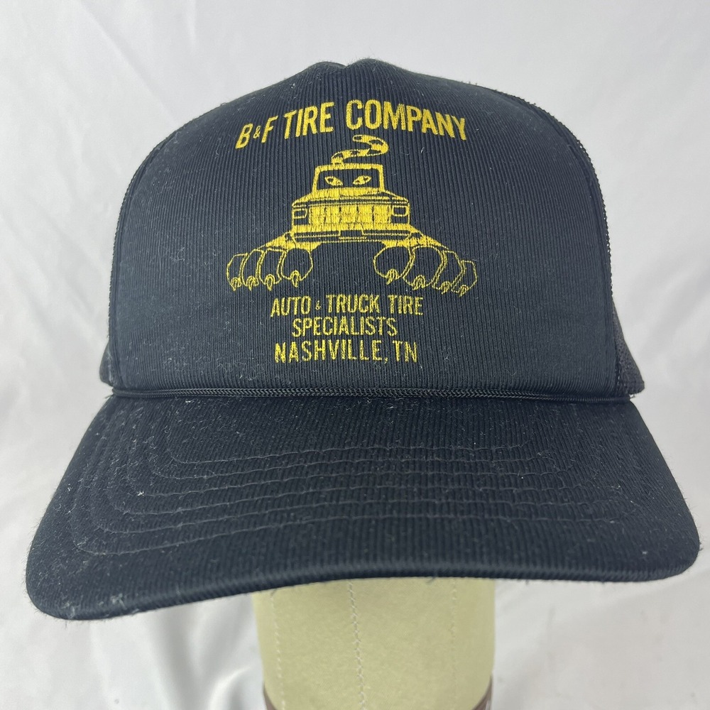 VINTAGE Nashville B&F Tire 80s Trucker Cap Hat Black Strapback Rope Made Taiwan